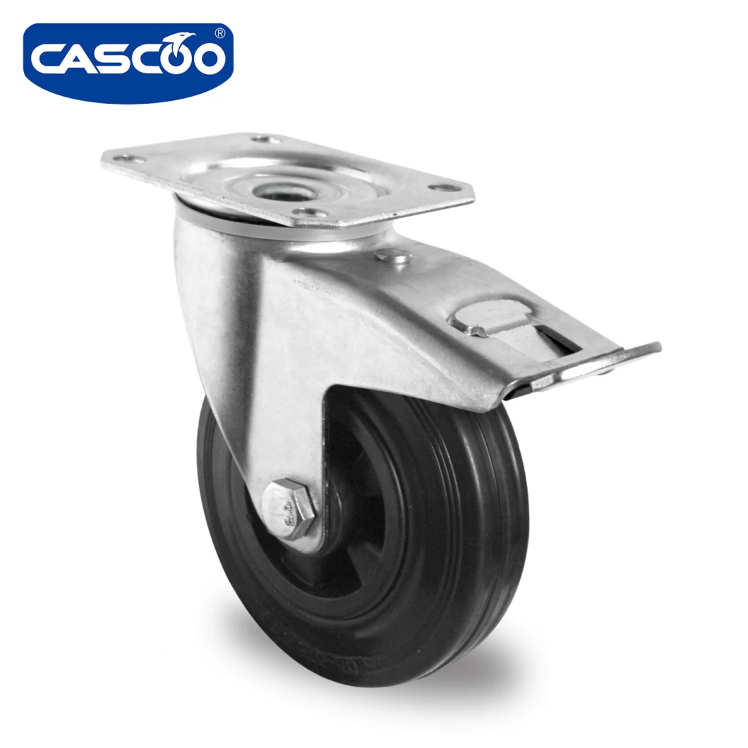 Cascoo 125mm Swivel with Total Brake Castor Black Solid Rubber Castor for Industrial Trolley